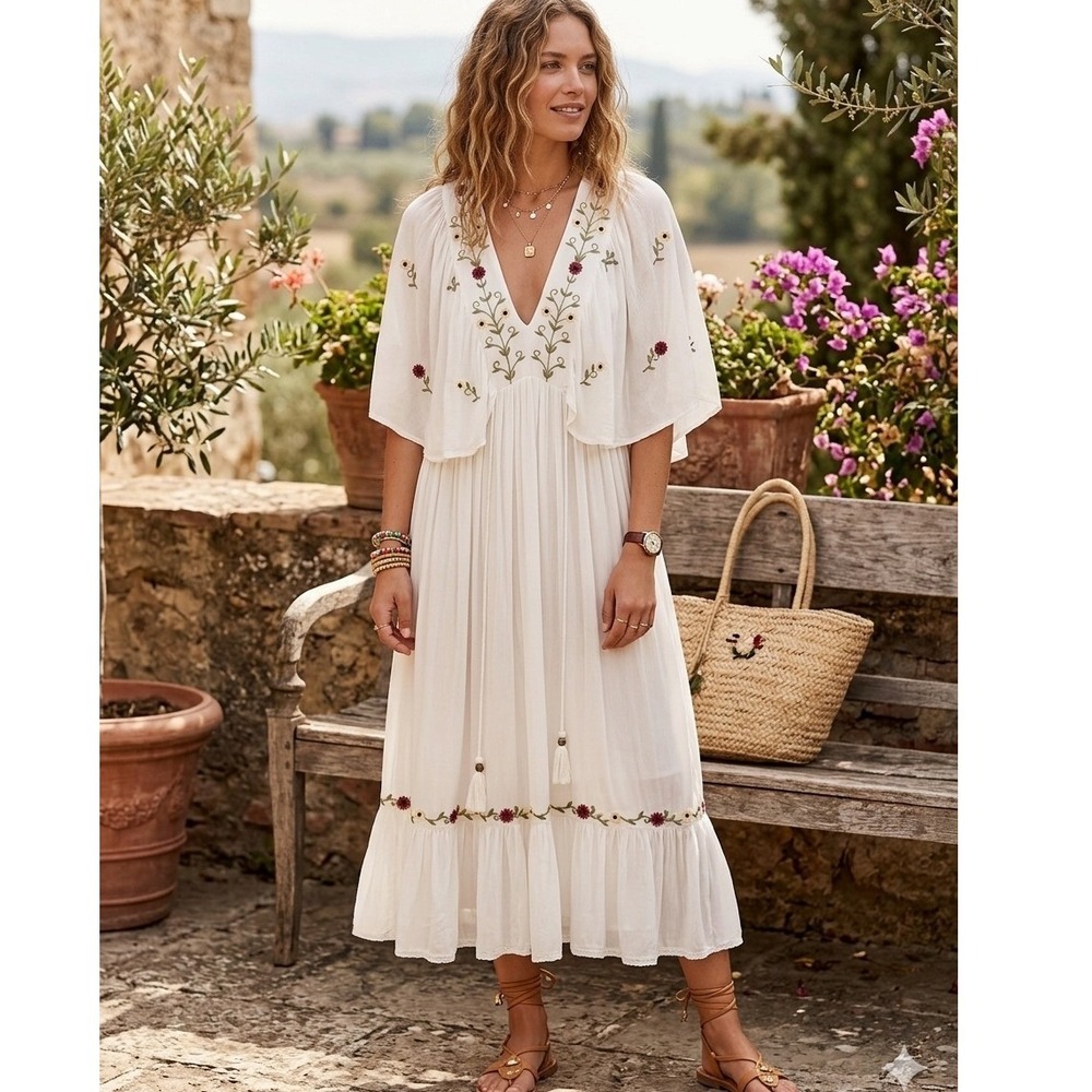 Sweet Magnolia Embroidered Midi Dress Womens Small White Boho Floral Cottagecore